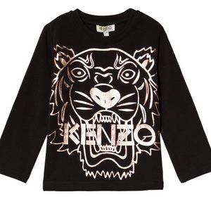 Kenzo Black Long Sleeve Tee with Gold Tiger Print